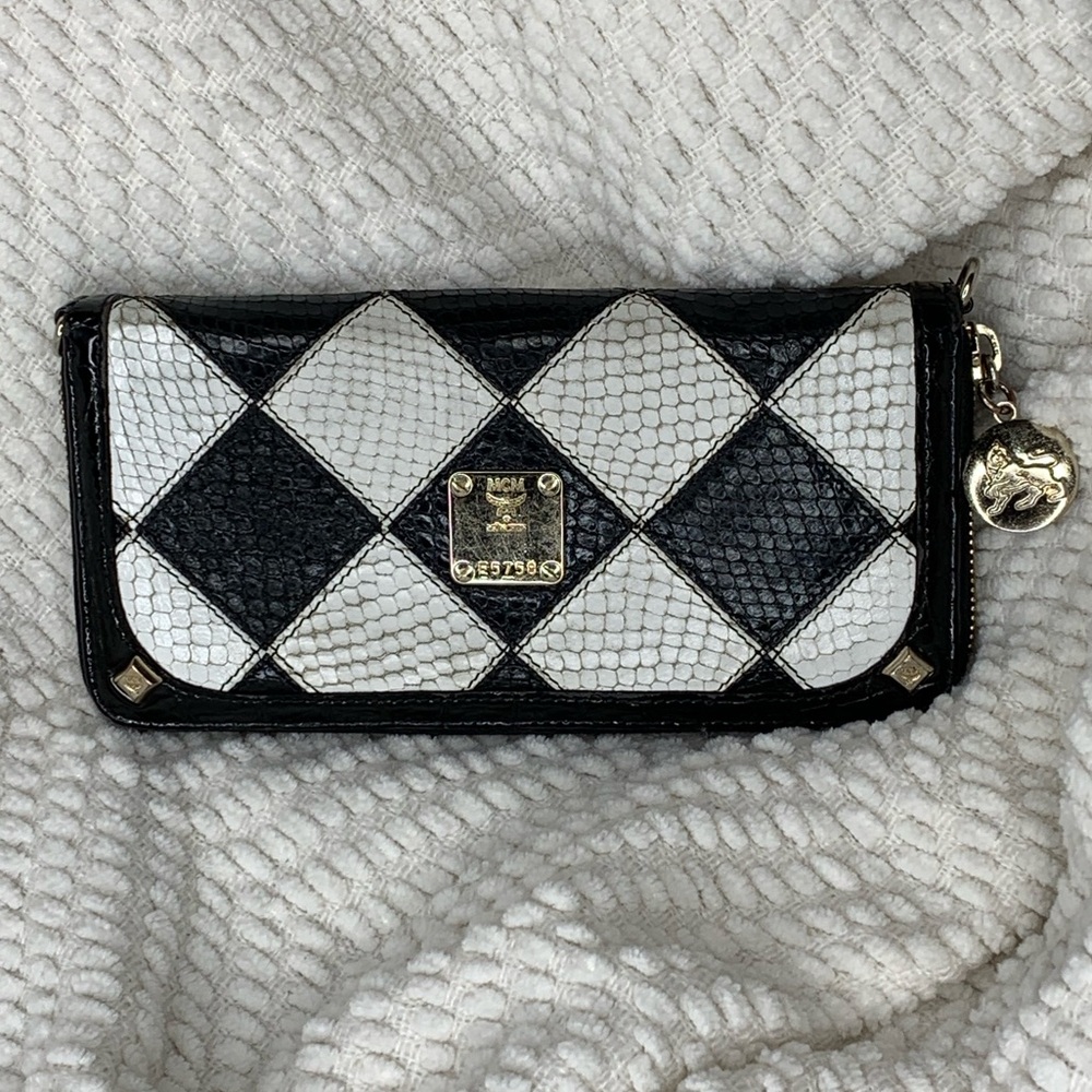 MCM Black and White Harlequin Zip Wallet